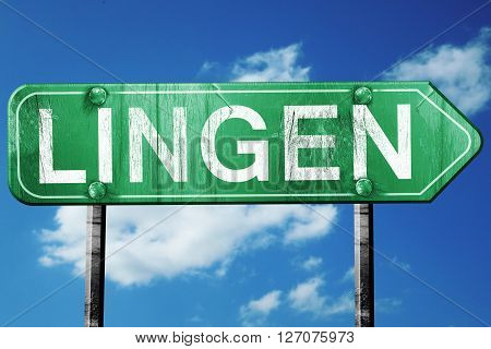 Lingen road sign, on a blue sky background