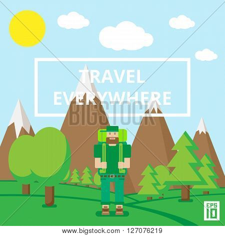 Vector landscape flat illustrationwith words travel everywhere and a traveller.