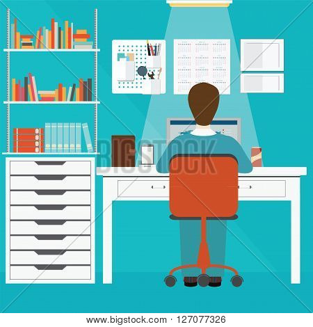 Businessman working in home office office people office interior office workers office work busy office life conceptual vector illustration.