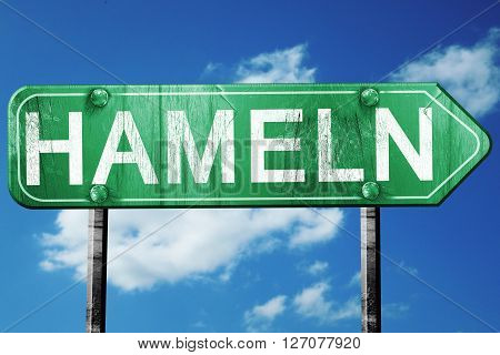 Hameln road sign, on a blue sky background