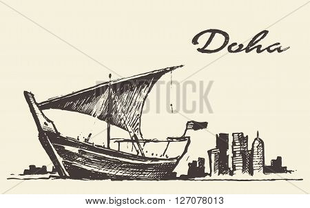 Doha skyline with Dhow Qatar vector illustration hand drawn sketch