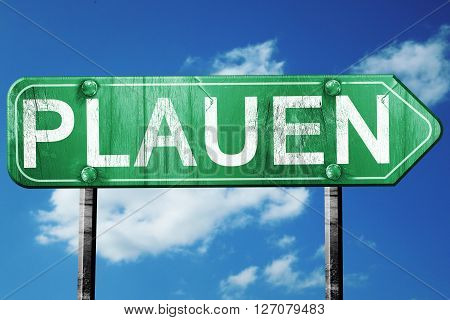 PLauen road sign, on a blue sky background