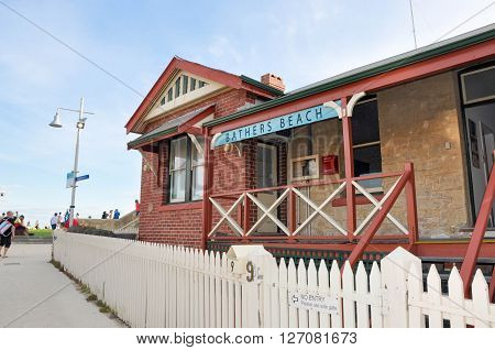 FREMANTLE,WA,AUSTRALIA-JANUARY 26,2016: Bather's Beach House restaurant exterior with brick and limestone construction in Fremantle, Western Australia.