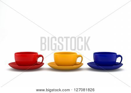3d render of blank colorful coffee cups included red, yellow, and blue with saucers on white background