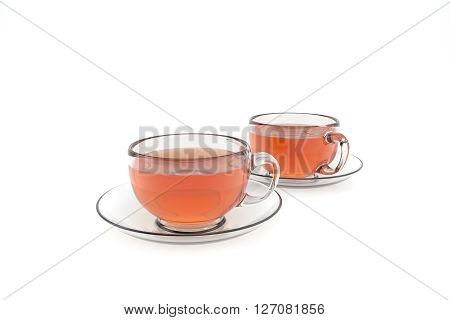 3d render of transparent tea cups with saucer on white background
