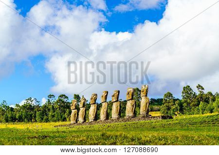 The row of Moai at Ahu Akivi on Easter Island Chile
