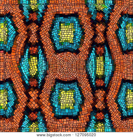 Geometrical background with bright mosaic drawing. Seamless patterns. Vector illustration.