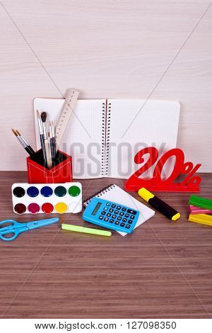 A lot of bright new items for creativity on a wooden table