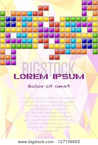 Colorful game background with lines of tile pieces with glass effect on polygonal backdrop. Vector illustration
