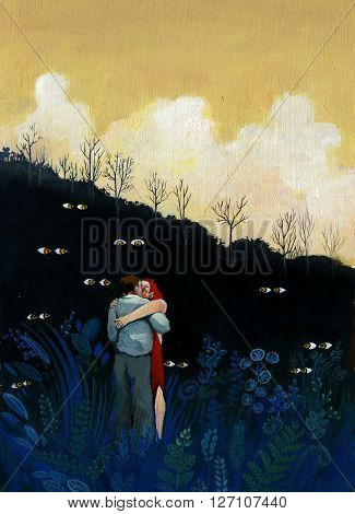 two lovers in a dark forest while they are being spied on by mysterious eyes
