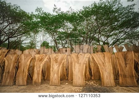 Wooden boards with Forest on Background / Wooden boards stacked in the foreground, green forest in the background 