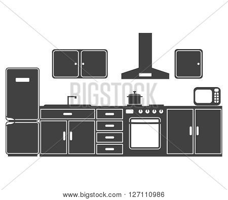 The illustration consisting of kitchen furniture of a plate and the refrigerator of the microwave oven