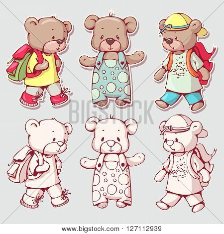 Vector set of funny cartoon bears isolated from a background. Monochrome and color version. Hand-drawn illustration.