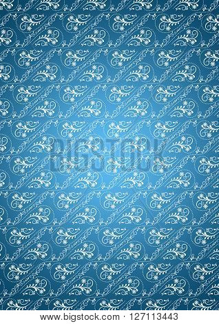 Bluish gradient background with white  seamless  vintage  ornament