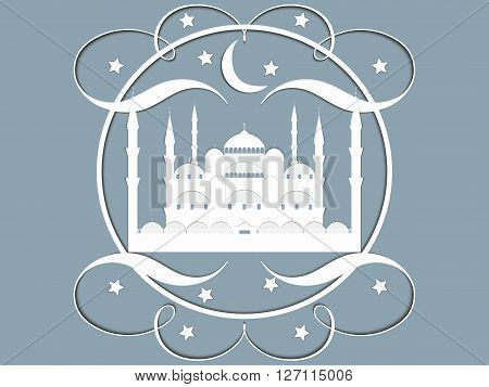 Paper Mosque. Blue Mosque. Ramadan Kareem celebration. Holy Month Vector illustration.