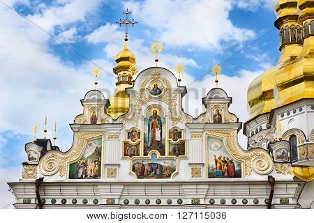 Kiev-Pechersk Lavra Orthodox monastery facade's fragment of the Assumption Church (Uspenskiy) Kiev. Ukraine