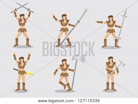 Set of six vector illustrations of primitive woman warrior holding weapons in different gestures isolated on plain background.