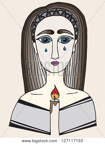 Multicolor girl with a tear on face holds a candle in hands. Pray girl.