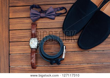 Groom Set Clothes. Shoes, Cufflinks And Bow Tie