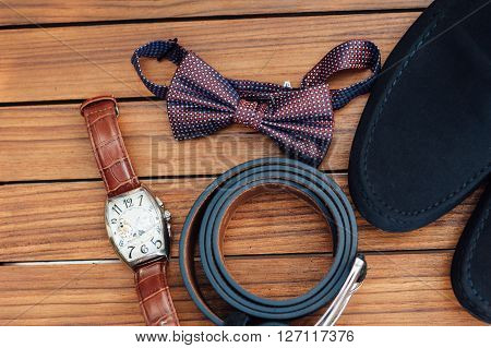 Groom Set Clothes. Shoes, Cufflinks And Bow Tie