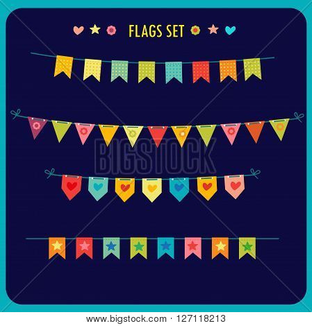 Garlands Of Festive Flags Isolated On Dark Background. Vector Holiday Clip Art. Festive Flags For Sale. Festive House Flags. Holiday Flags. Holiday Flags For Outdoors. Set Of Holiday Flags.