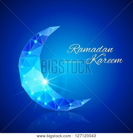 Ornate crescent Moon with bright flare and radiance in brilliant blue shades. Greeting card of holy Muslim month Ramadan