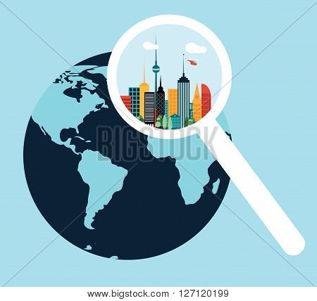 Earth map and city incresed by magnifier