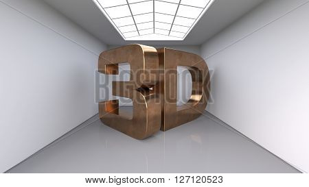 Large three-dimensional copper letters. The inscription 3D. Large white room. 3D Rendering