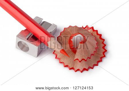 Pencil and pencil sharperner on white paper background