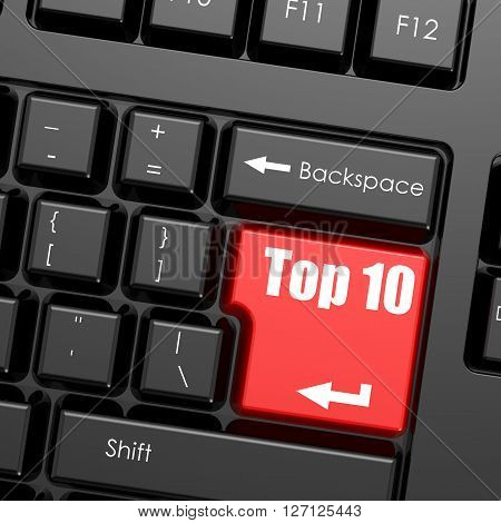 Red enter button on computer keyboard Top 10 word. Business concept, 3d rendering