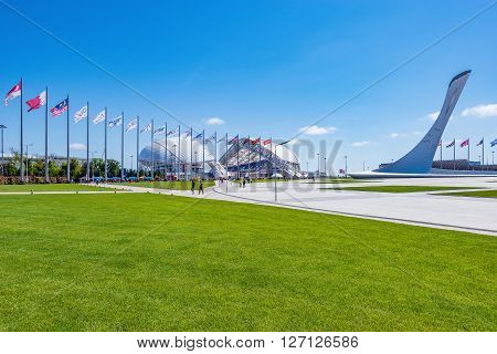 Sochi Russia May 11 2015: View of objects of park - place of Winter games 2014.