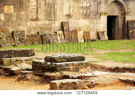Sacred place at ancient monastery Tatev in the mountains of Armenia. Was founded in year 906. 