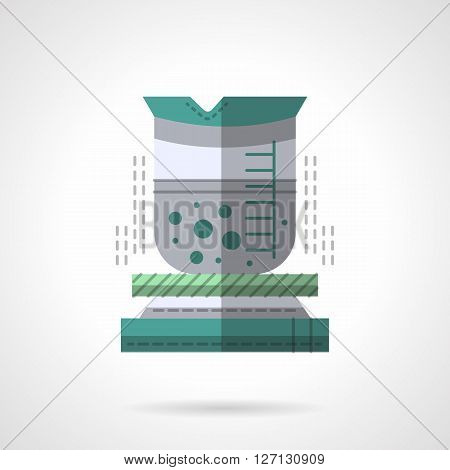 Lab beaker with boiling liquid. Chemical laboratory research. Science and education. Chemical industry and technology.  Flat color style vector icon. Web design element for site, mobile and business.