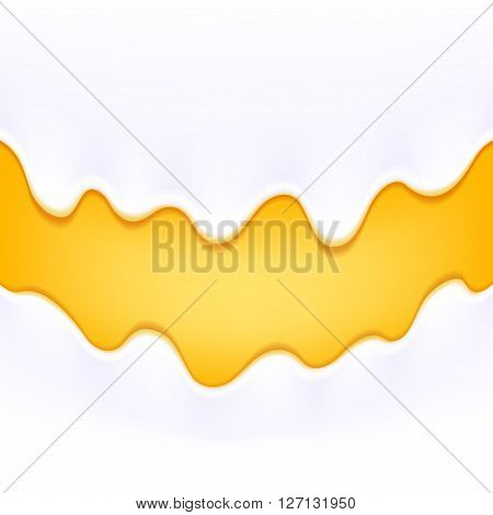Yogurt milk cream drips. White product flowing on colorful yellow honey backdrop. Arch horizontal background.
