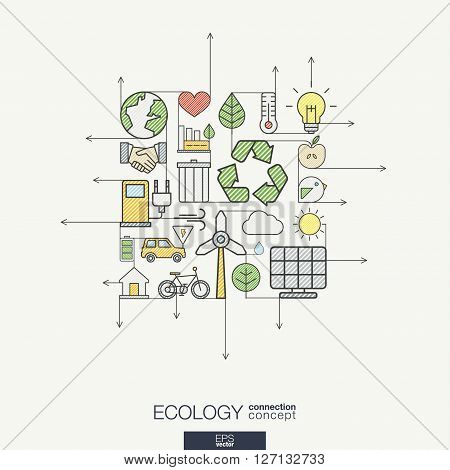 Ecology integrated thin line symbols. Modern color style vector concept, with connected flat design icons. Illustration for eco friendly, energy, environment, green, recycle, bio and global concepts.