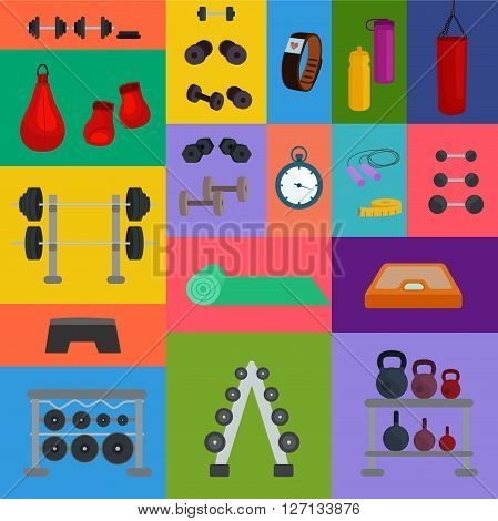 Vector illustration of sports, fitness, gym or crossfit equipments: dumbbells, mat, yoga, bar, fitness tracker, stopwatch.Elements for design website about sport, crossfit or fitness, healthy lifestyle