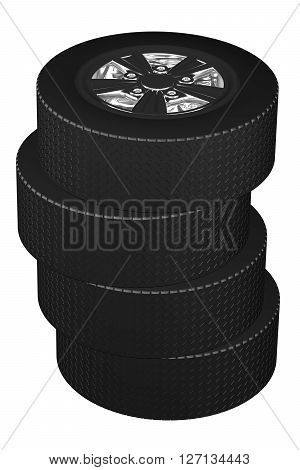 Car wheels isolated on white background. 3D rendering.