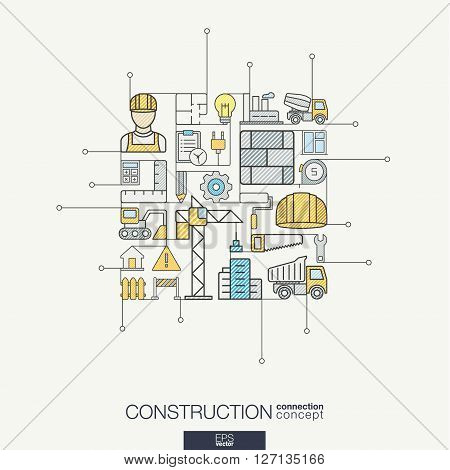 Construction integrated thin line symbols. Modern color vector concept, with connected flat design icon. Abstract background illustration for build, industry, architectural, engineering concept