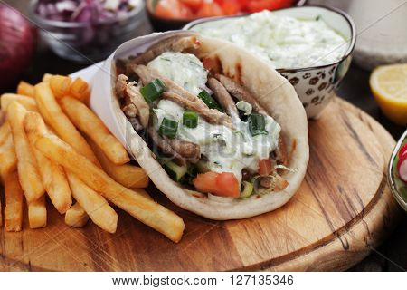 Gyros, greek wrapped sandwich similar to turkish doner kebab
