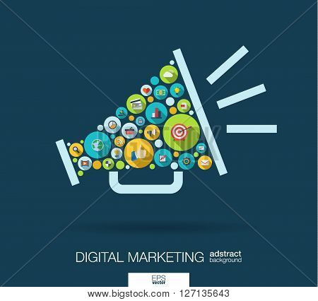 Color circles, flat icons in a speaker shape for digital marketing, social media, network, computer concept. Abstract background with connected objects in integrated group of element. Vector illustration
