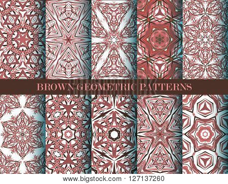 Kaleidoscope Abstract Flower Patterns set. Brown geometric background. Fashionable graphic print. Decorative flowers. Brown color psychedelic design. Intricate geometric ornament. Vector background