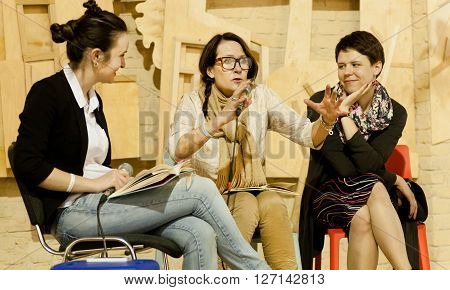KYIV, UKRAINE - APR 21: Emotional meeting of writer Vigdis Hjort with readers at the 6th International Festival BOOK ARSENAL on April 21, 2016. Guests of the fair were Lars Svendsen Etgar Keret etc.