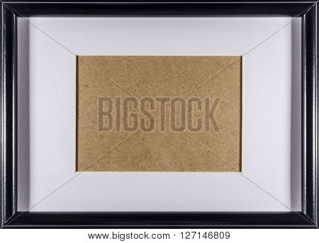 Black plain empty thin wood picture frame with white mat passe-partout full frame