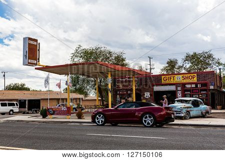 SELIGMAN, ARIZONA - SEPTEMBER 6, 2015: Views of the route 66 decorations in the city of Seligman in Arizona on September 6 2015. Seligman is a small city along the historic route 66 now it is Freeway 40.