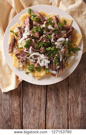 Beshbarmak Dish: Noodles With Lamb And Onion. Vertical Top View