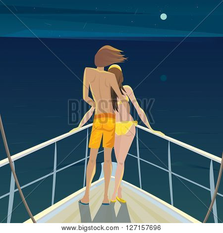 Young man and a beautiful girl standing on the deck at night and admire the moon and stars - Romantic date or Calmness concept