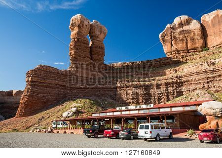 BLUFF UTAH USA - AUGUST 27: Views of the stone formation called Twin Rocks and the Twin Rocks Cafe in Bluff on August 27 2015. Bluff is a small Village in southern Utah.