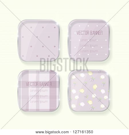 Vector banners set. pastel colors. glass elements. english style. shabby chic.violet color. Vector label with a glass surface.  Eps