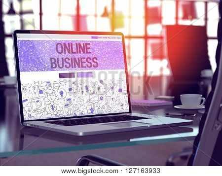 Modern Workplace with Laptop Showing Landing Page in Doodle Design Style with Text Online Business. Toned Image with Selective Focus. 3D Render.