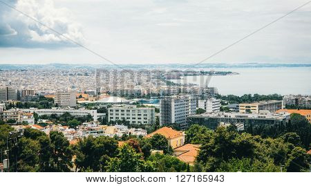 Aerial panoramic view of the Thessaloniki city and port, Greece